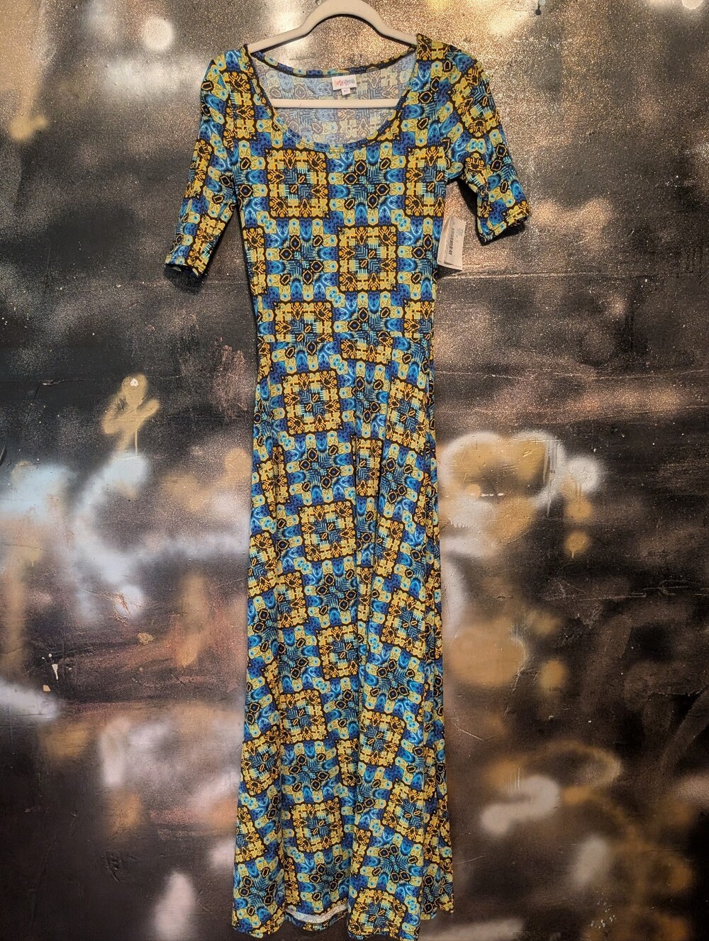 LuLaRoe Blue and Yellow Geometric Scoop Neck Maxi Dress